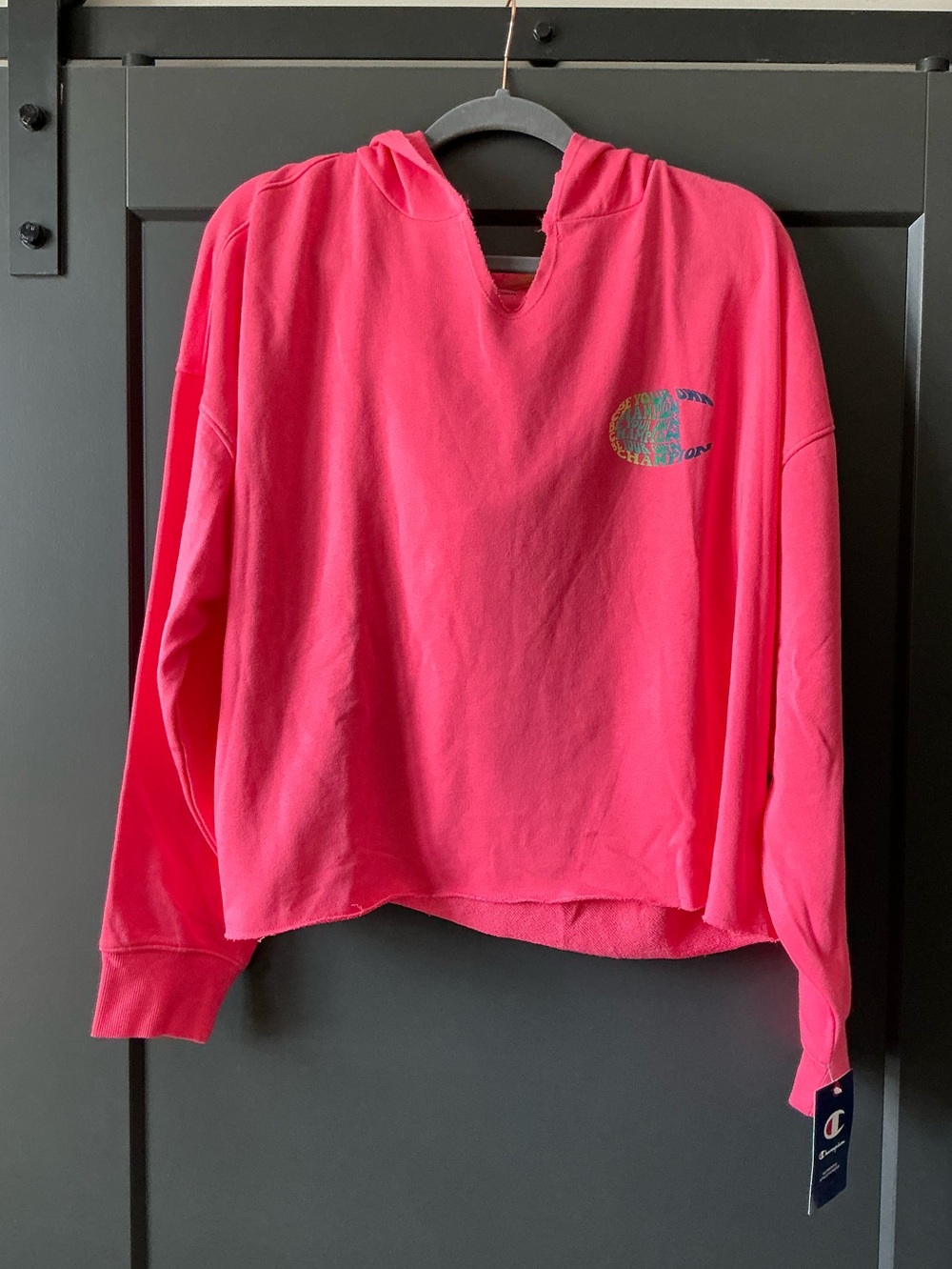 Champion Women's Hot Pink V-Neck Cropped Hooded Terry Sweatshirt